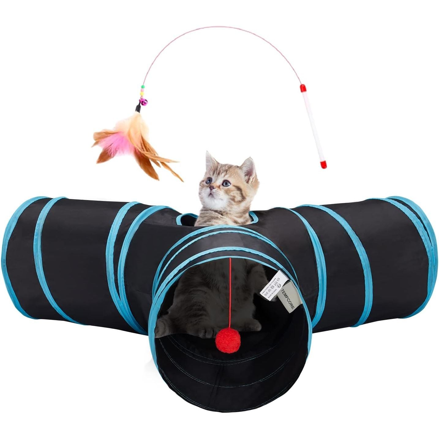  3-Way Collapsible Cat Tunnel with Peek Hole and Toy Ball for Indoor Cats and Small Pets