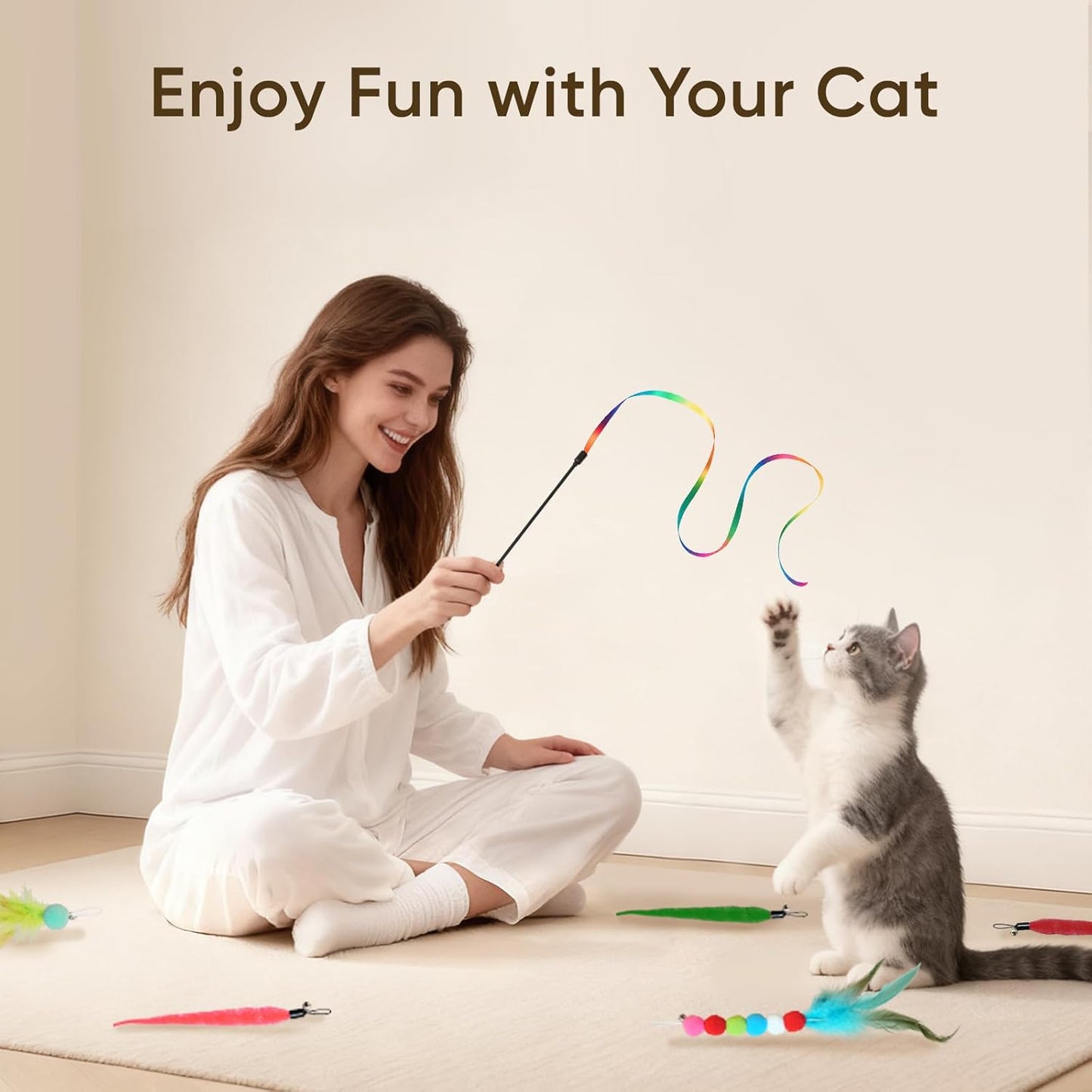 Interactive Cat Wand Toy Set - 13-Piece Feather and Teaser Collection for Indoor Cats, Promoting Exercise and Playtime Engagement
