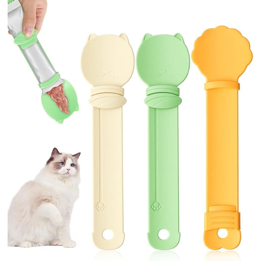 Multifunctional 3-Piece Cat Treat Spoon Set for Clean Feeding of Wet Food and Licky Treats - Beige, Green, Orange