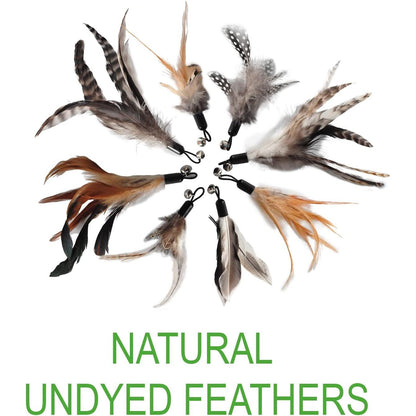 Natural Feather Cat Toy Set - Non-Toxic Wand and Refill Feathers for Indoor Play