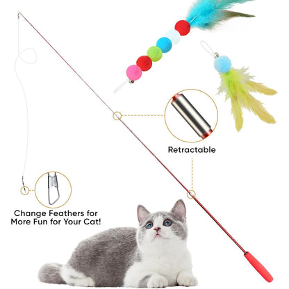Interactive Cat Wand Toy Set - 13-Piece Feather and Teaser Collection for Indoor Cats, Promoting Exercise and Playtime Engagement