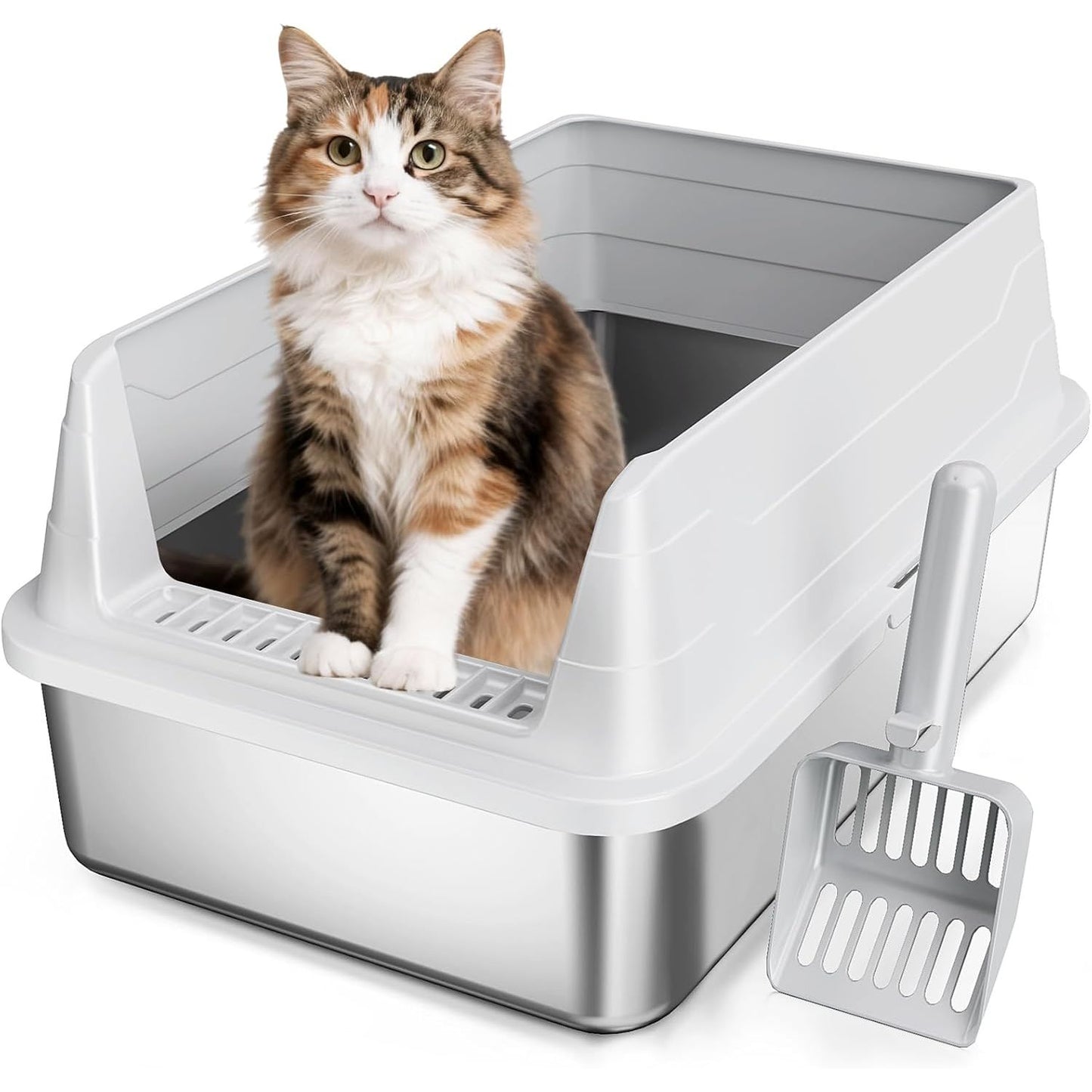 Premium Stainless Steel Cat Litter Box - High Sides, Odor-Free, Easy Access, Includes Scoop, Anti-Scratch & Leak-Proof Design