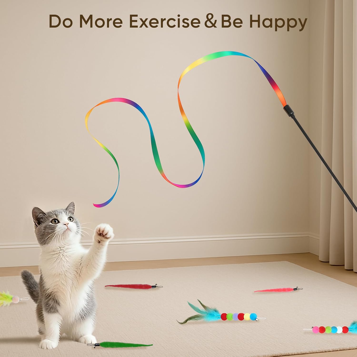 Interactive Cat Wand Toy Set - 13-Piece Feather and Teaser Collection for Indoor Cats, Promoting Exercise and Playtime Engagement