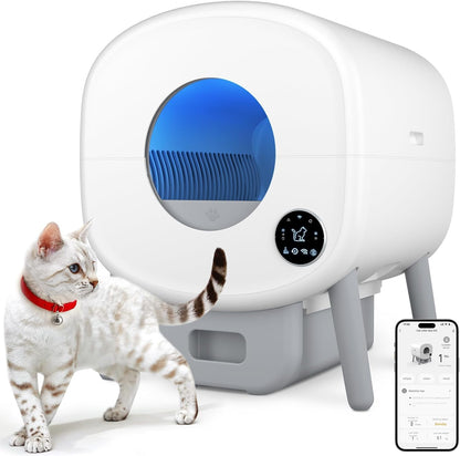 Self Cleaning Litter Box, Large Capacity Automatic Cat Litter Box Self Cleaning for Cats, App Control,Safety Protection, 2 Roll Garbage Bags,White & Grey