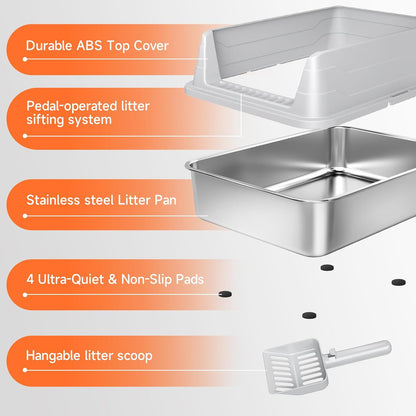 Premium Stainless Steel Cat Litter Box - High Sides, Odor-Free, Easy Access, Includes Scoop, Anti-Scratch & Leak-Proof Design