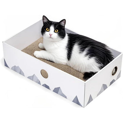 Heavy-Duty Double-Sided Cardboard Cat Scratcher Box and Lounger with Interactive Hole Design, Large Indoor Cat Bed