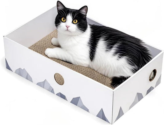 Heavy-Duty Double-Sided Cardboard Cat Scratcher Box and Lounger with Interactive Hole Design, Large Indoor Cat Bed