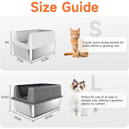 Premium Stainless Steel Cat Litter Box - High Sides, Odor-Free, Easy Access, Includes Scoop, Anti-Scratch & Leak-Proof Design