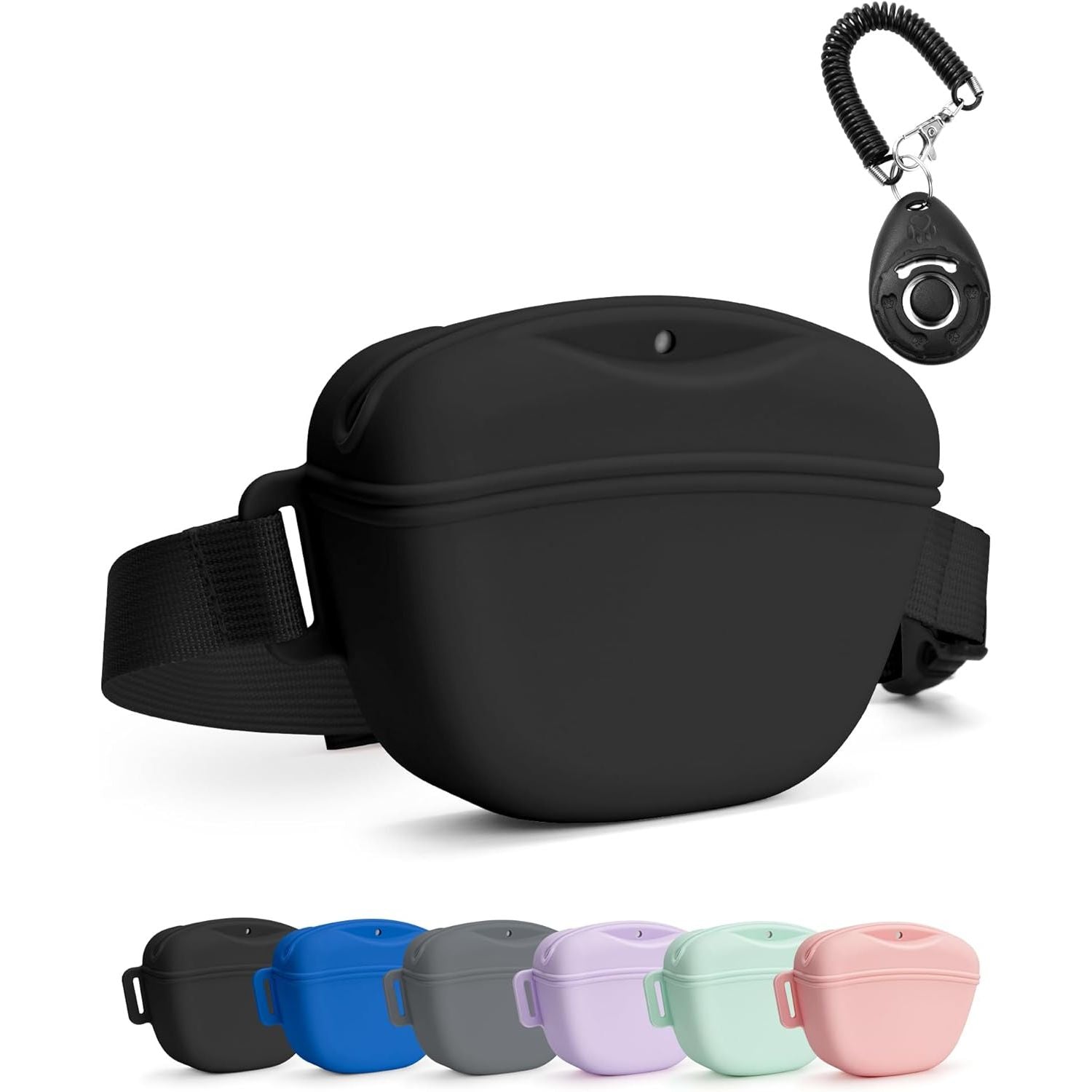 Dog Treat Pouch with Training Clicker and Enhanced Magnetic Closure, 1.67 Cup Silicone Treat Bag Fanny Pack with Adjustable Waist Belt for Pet Training and Walking (Black)