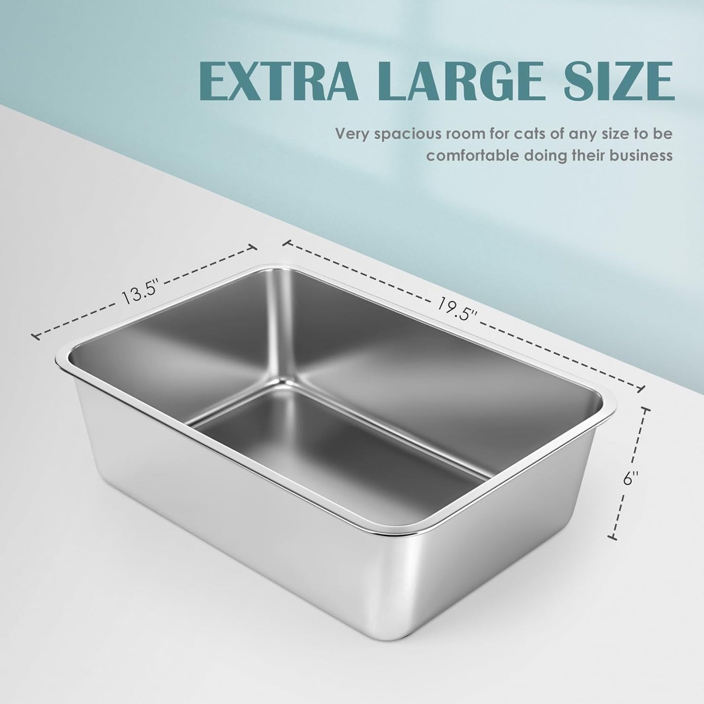 IKITCHEN Large Stainless Steel Cat Litter Box - Odor Resistant, Stain-Free, Rustproof, Non-Stick Surface with Anti-Slip Bottom - 19.5" L x 13.5" W x 6" H