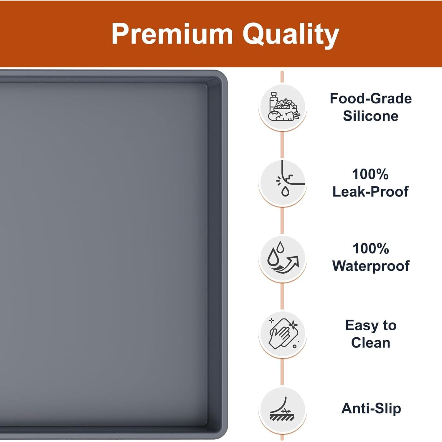 Waterproof Silicone Feeding Mat with Raised Edge, 19” x 12”, BPA-Free Non-Slip Design for Dogs and Cats, Spill-Proof Protection for Floors, Gray