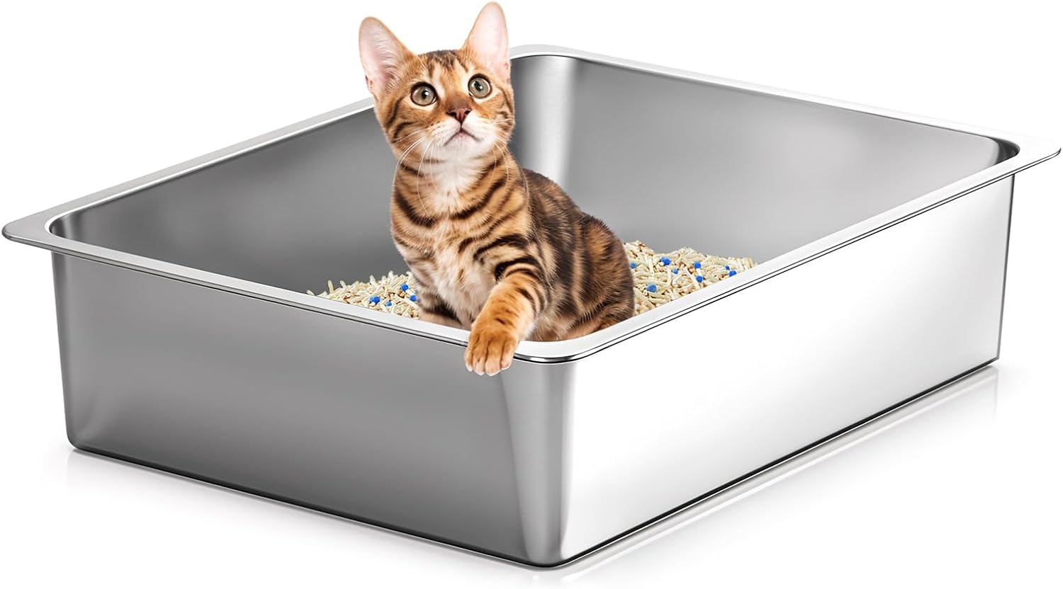 Kirecoo Premium Stainless Steel Cat Litter Box - High-Sided, Non-Stick, Easy-Clean Pan for Cats and Small Pets