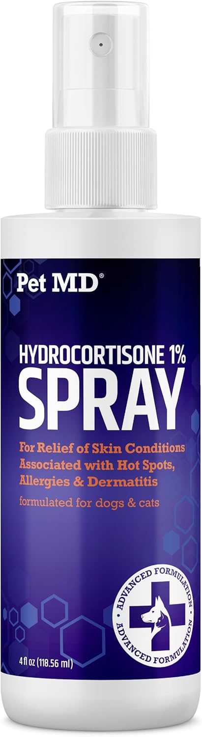 Pet MD Hydrocortisone Spray for Dogs, Cats, Horses - Itch Relief Spray & Hot Spot Treatment for Dogs, Irritated Dry Itchy Skin, Allergies, and Dermatitis - Reduces Topical Inflammation - 4 Oz