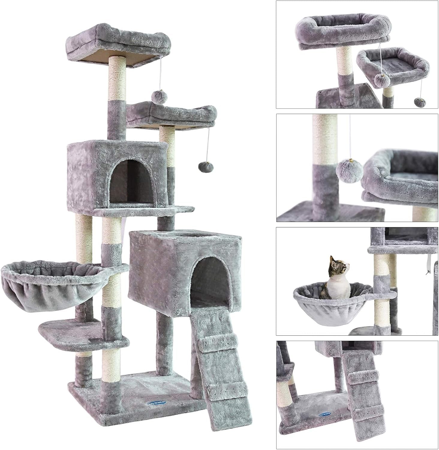 58'' Multi-Level Cat Tree – with Hammock, Plush Condos & Sisal Scratching Posts (Light Gray)
