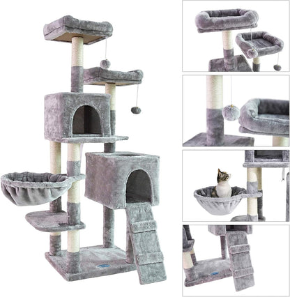 58'' Multi-Level Cat Tree – with Hammock, Plush Condos & Sisal Scratching Posts (Light Gray)