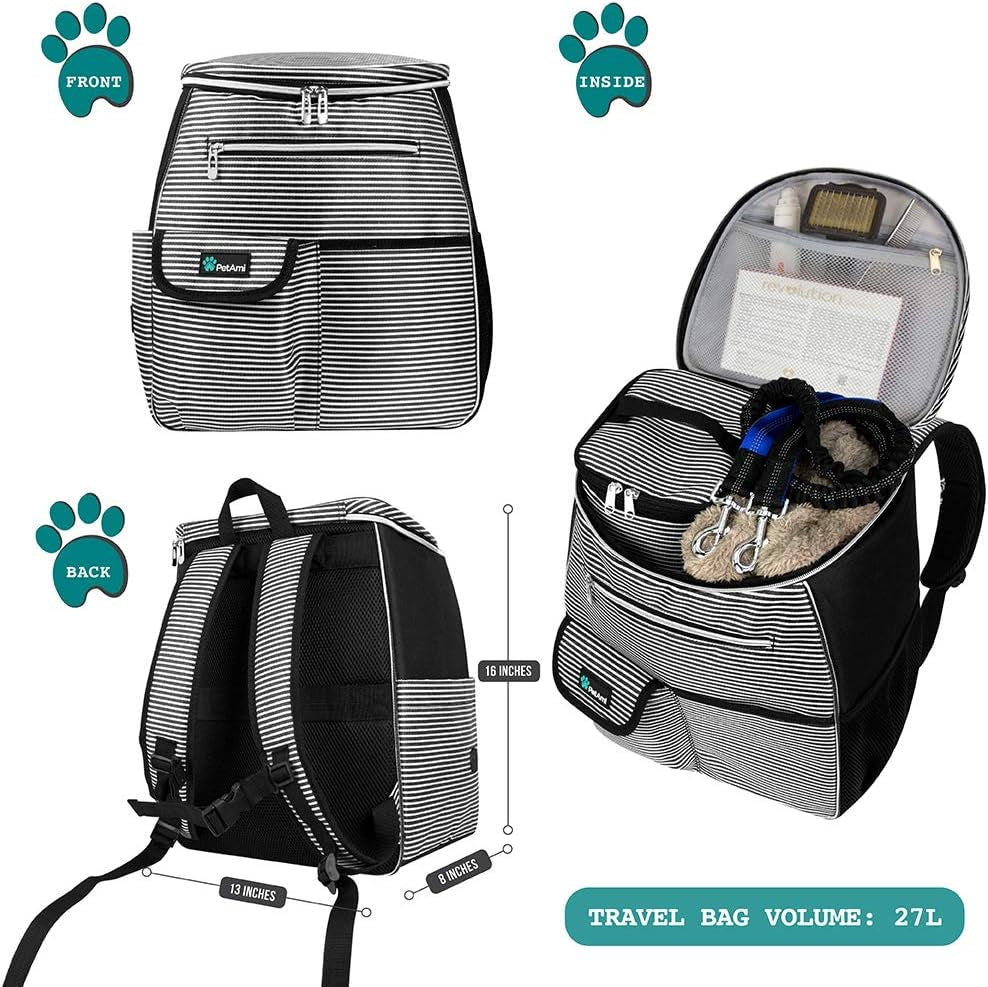 Dog Travel Backpack – Airline-Approved Pet Bag with Food Containers & Bowls (Stripe Black)