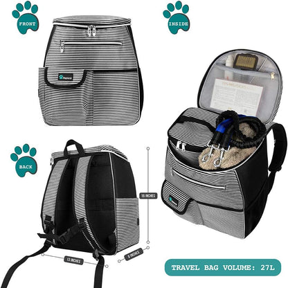 Dog Travel Backpack – Airline-Approved Pet Bag with Food Containers & Bowls (Stripe Black)