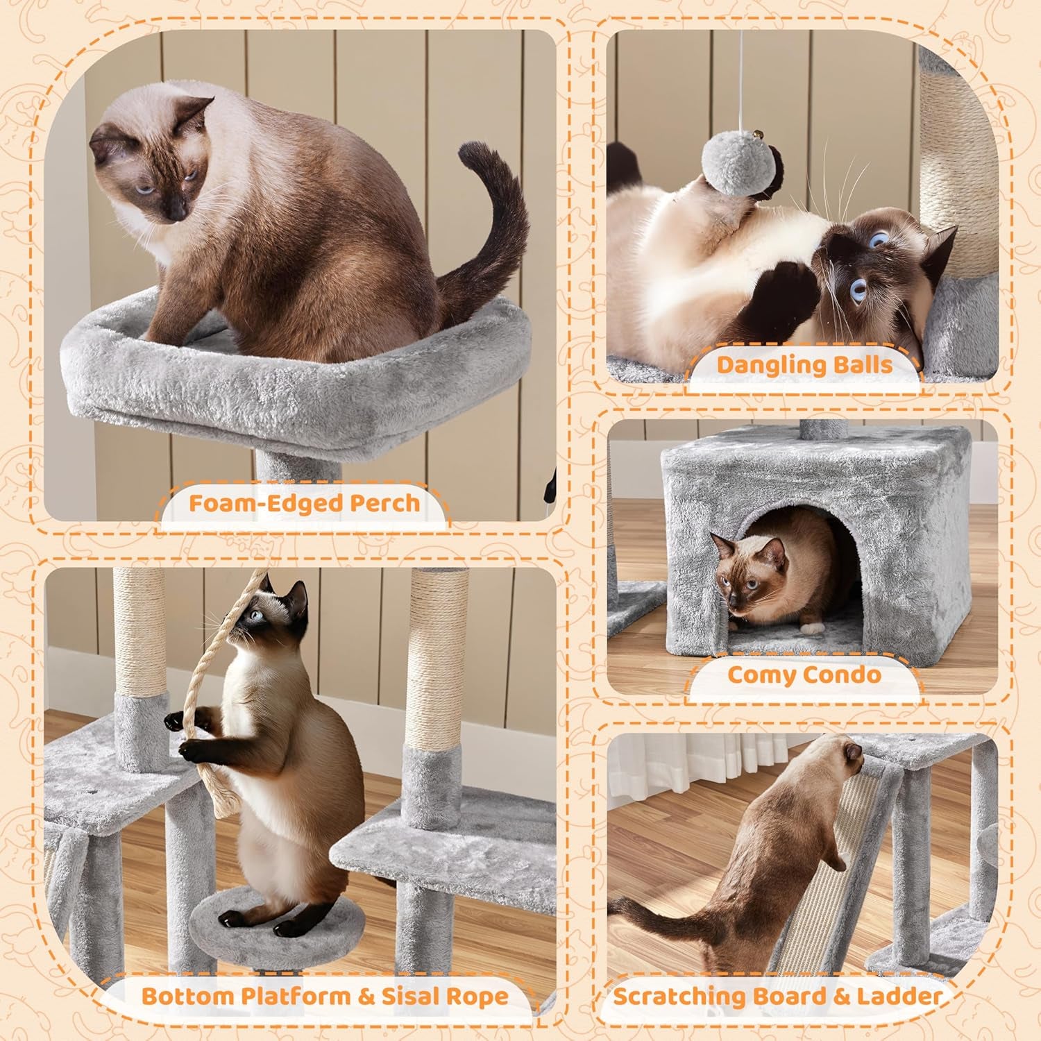 53.5'' Rotatable Cat Tree – Multi-Level Tower with Scratching Posts & Cozy Hideout (Light Gray)