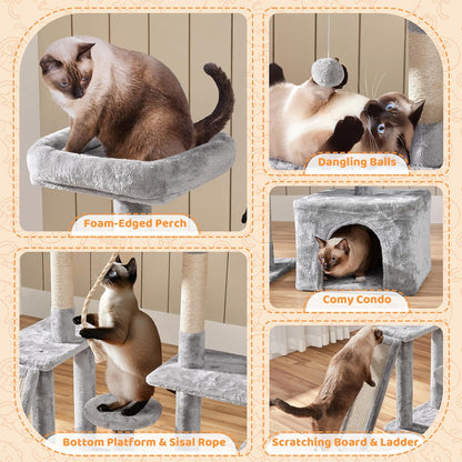 53.5'' Rotatable Cat Tree – Multi-Level Tower with Scratching Posts & Cozy Hideout (Light Gray)
