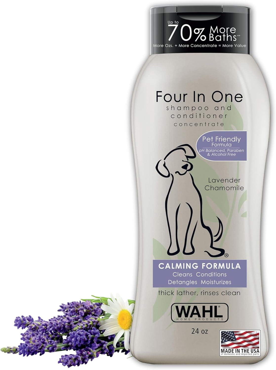 Wahl USA 4-In-1 Calming Dog Shampoo with Lavender Chamomile Scent – Cleans, Conditions, Detangles, & Moisturizes - Pet Friendly Formula - 24 Oz - Model 820000A