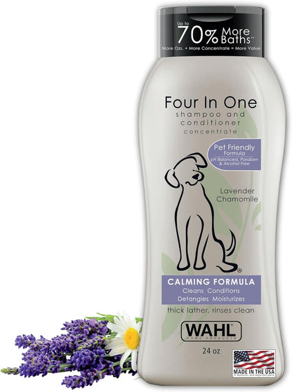 Wahl USA 4-In-1 Calming Dog Shampoo with Lavender Chamomile Scent – Cleans, Conditions, Detangles, & Moisturizes - Pet Friendly Formula - 24 Oz - Model 820000A