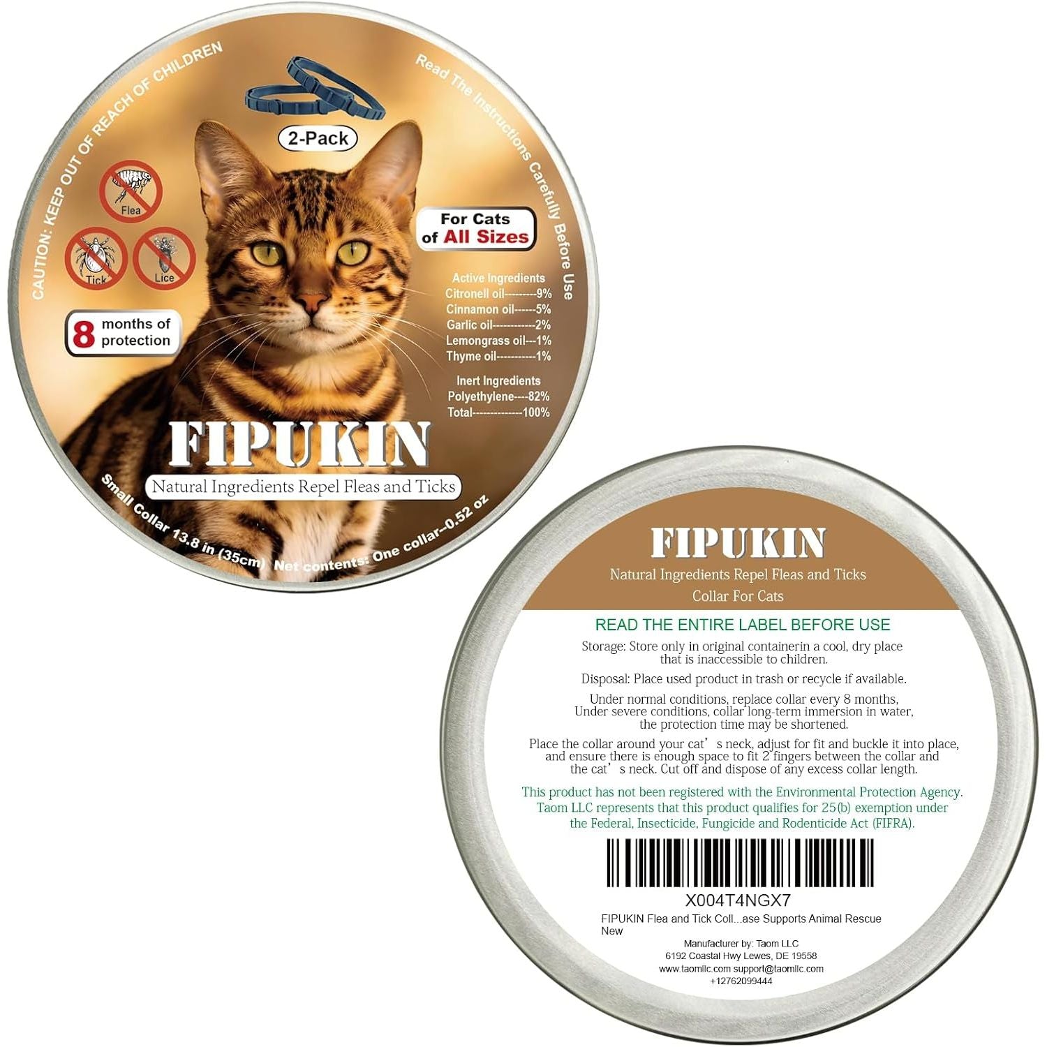 Natural Flea and Tick Repellent Collar for Cats - Safe, Effective, Waterproof, 8 Months Protection, Includes Free Comb, One Size Fits All (13.8 Inches), 2-Pack