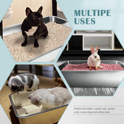 IKITCHEN Large Stainless Steel Cat Litter Box - Odor Resistant, Stain-Free, Rustproof, Non-Stick Surface with Anti-Slip Bottom - 19.5" L x 13.5" W x 6" H
