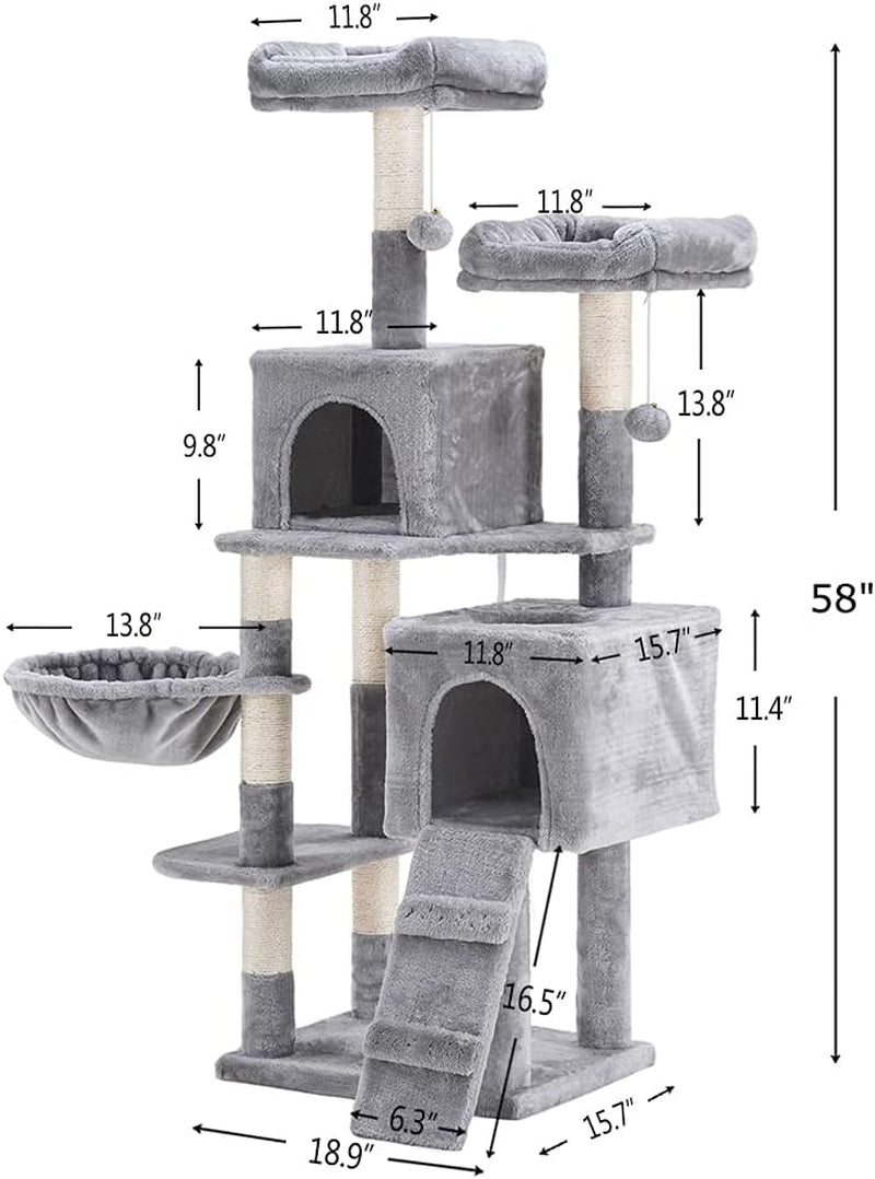 58'' Multi-Level Cat Tree – with Hammock, Plush Condos & Sisal Scratching Posts (Light Gray)