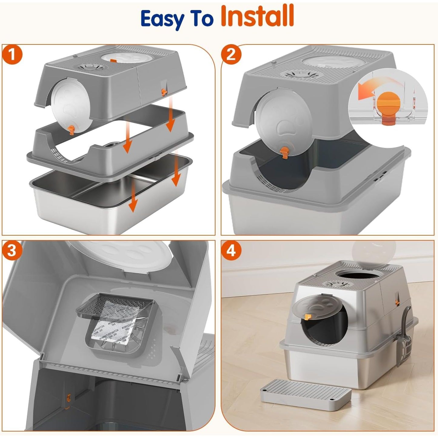 Extra Large XL Stainless Steel Cat Litter Box with Lid - Easy Clean Covered Enclosure with Steps & Scoop
