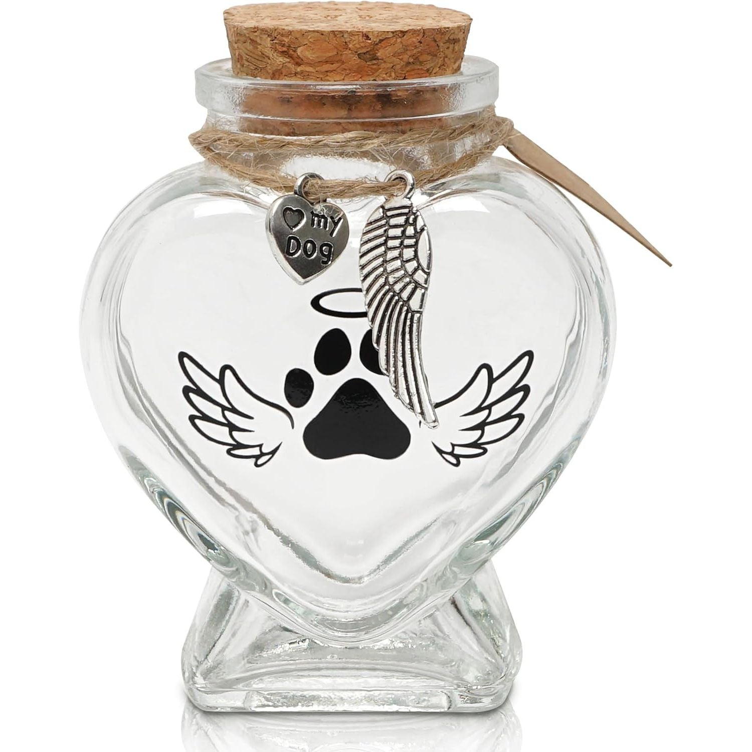 Heart-Shaped Glass Keepsake Urn for Pet Memorials - Ideal for Fur, Hair, Whiskers, or Ashes with Cork Top and Charms for Rainbow Bridge Tribute