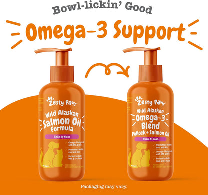 Zesty Paws Wild Alaskan Omega-3 Blend Pollock + Salmon Oil for Dogs and Cats- Skin and Coat Support, Omega 3 Supplement for Pets, 8.5Oz
