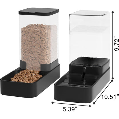 Automatic Feeder and Water Dispenser Set with Pet Food Bowl and Gravity Waterer for Small to Medium Dogs and Cats, 3.3L Capacity (Black)