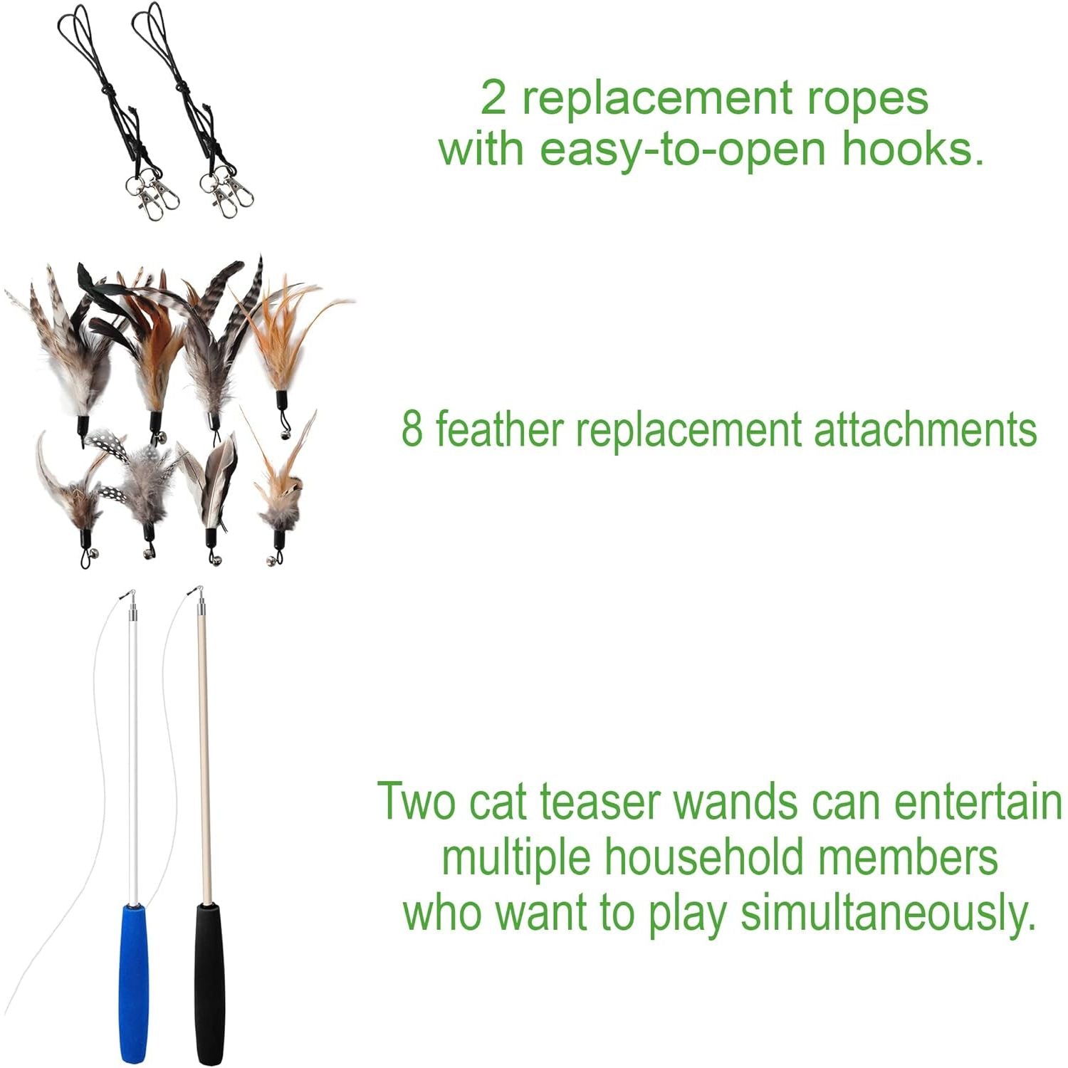 Natural Feather Cat Toy Set - Non-Toxic Wand and Refill Feathers for Indoor Play