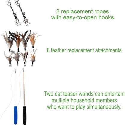 Natural Feather Cat Toy Set - Non-Toxic Wand and Refill Feathers for Indoor Play
