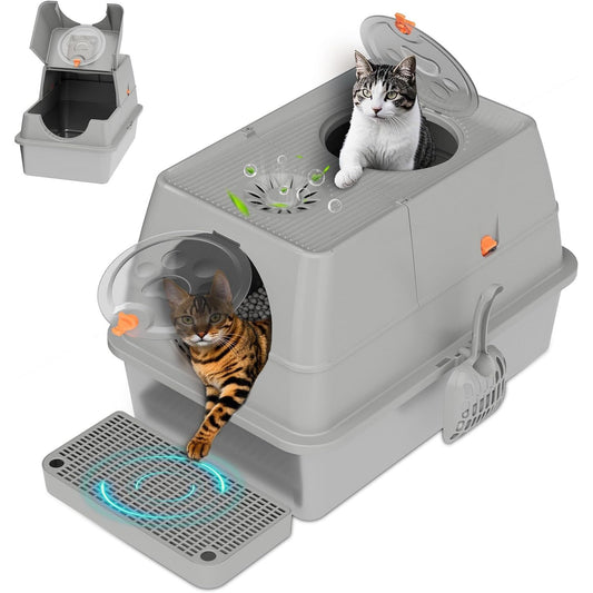 Extra Large XL Stainless Steel Cat Litter Box with Lid - Easy Clean Covered Enclosure with Steps & Scoop