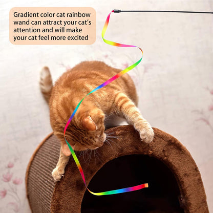 Professional Interactive Cat Wand Toy Set - Colorful Teaser Wands for Indoor Cats, Rainbow Ribbon Kitten Charmer - 2 Pack