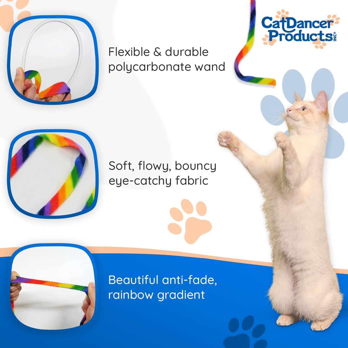 Rainbow Cat Wand Charmer - Safe and Engaging Teaser Toy for Indoor Cats and Kittens, Flexible Exercise Wand with Vibrant Fabric Ribbons