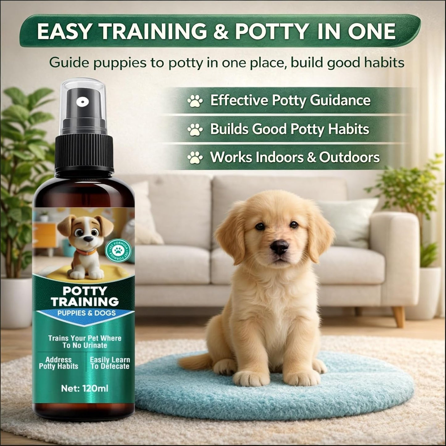 Dog Potty Training Spray - Indoor and Outdoor Training Aid for Potty Pads, Grass, and Patios, Gentle Guidance Solution for New Dogs and Puppies
