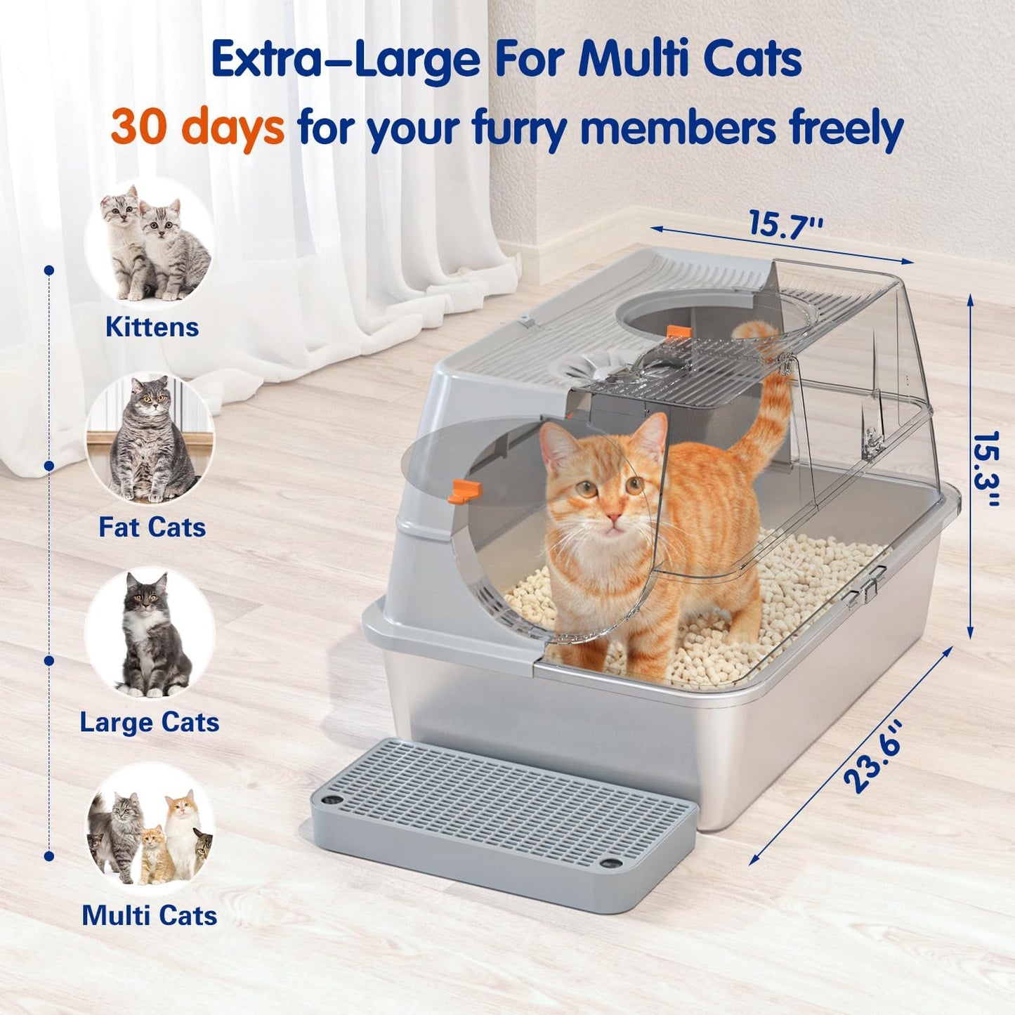 Extra Large XL Stainless Steel Cat Litter Box with Lid - Easy Clean Covered Enclosure with Steps & Scoop