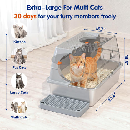 Extra Large XL Stainless Steel Cat Litter Box with Lid - Easy Clean Covered Enclosure with Steps & Scoop