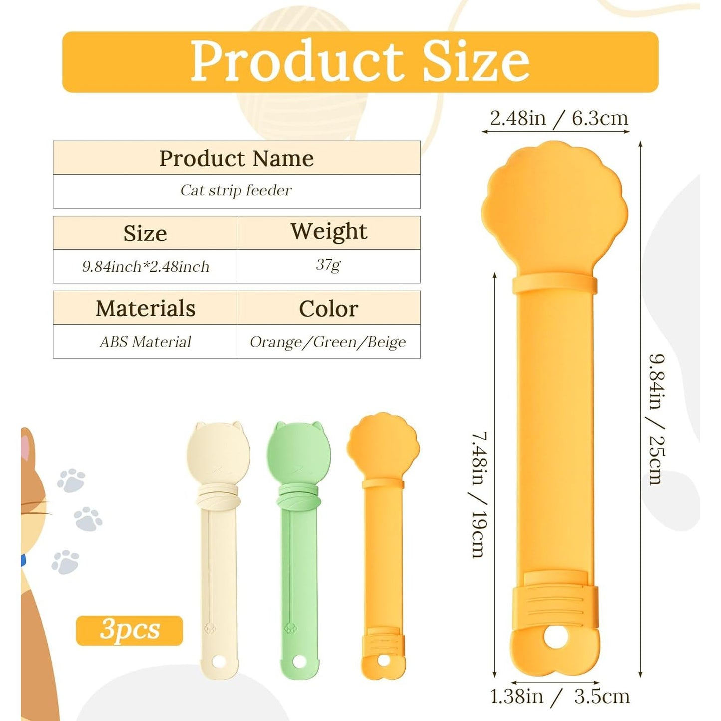 Multifunctional 3-Piece Cat Treat Spoon Set for Clean Feeding of Wet Food and Licky Treats - Beige, Green, Orange
