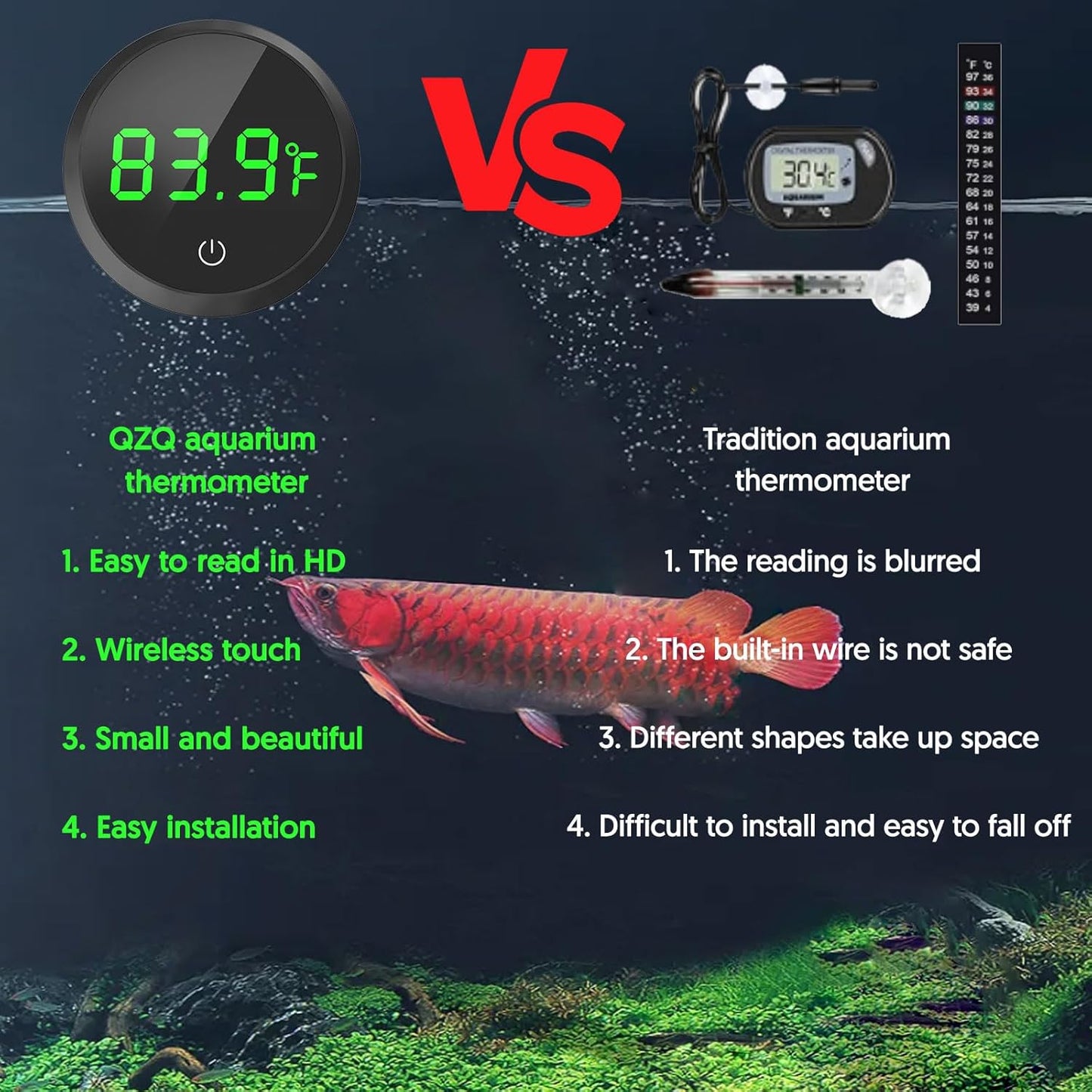 Wireless Digital Aquarium Thermometer with LED Display and Touch Stick