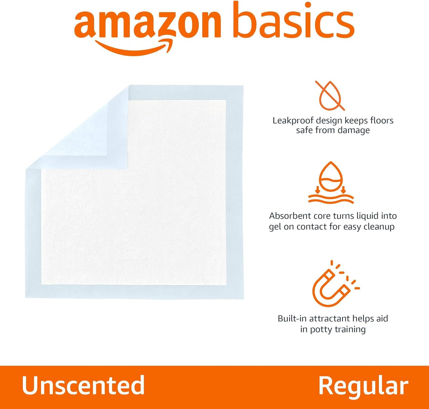 Amazon Basics Leak-Proof Super Absorbent Dog and Puppy Training Pads, 5-Layer Quick-Dry Solution, Regular Size (22x22"), 50 Count, Blue & White