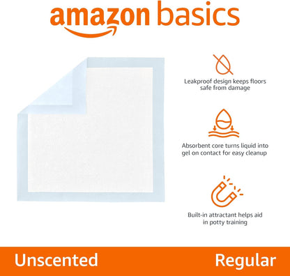 Amazon Basics Leak-Proof Super Absorbent Dog and Puppy Training Pads, 5-Layer Quick-Dry Solution, Regular Size (22x22"), 50 Count, Blue & White