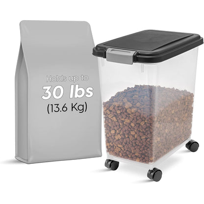Airtight Pet Food Storage Container with Wheels, Holds up to 30 lbs, BPA Free, Ideal for Dog, Cat, and Bird Food, Black