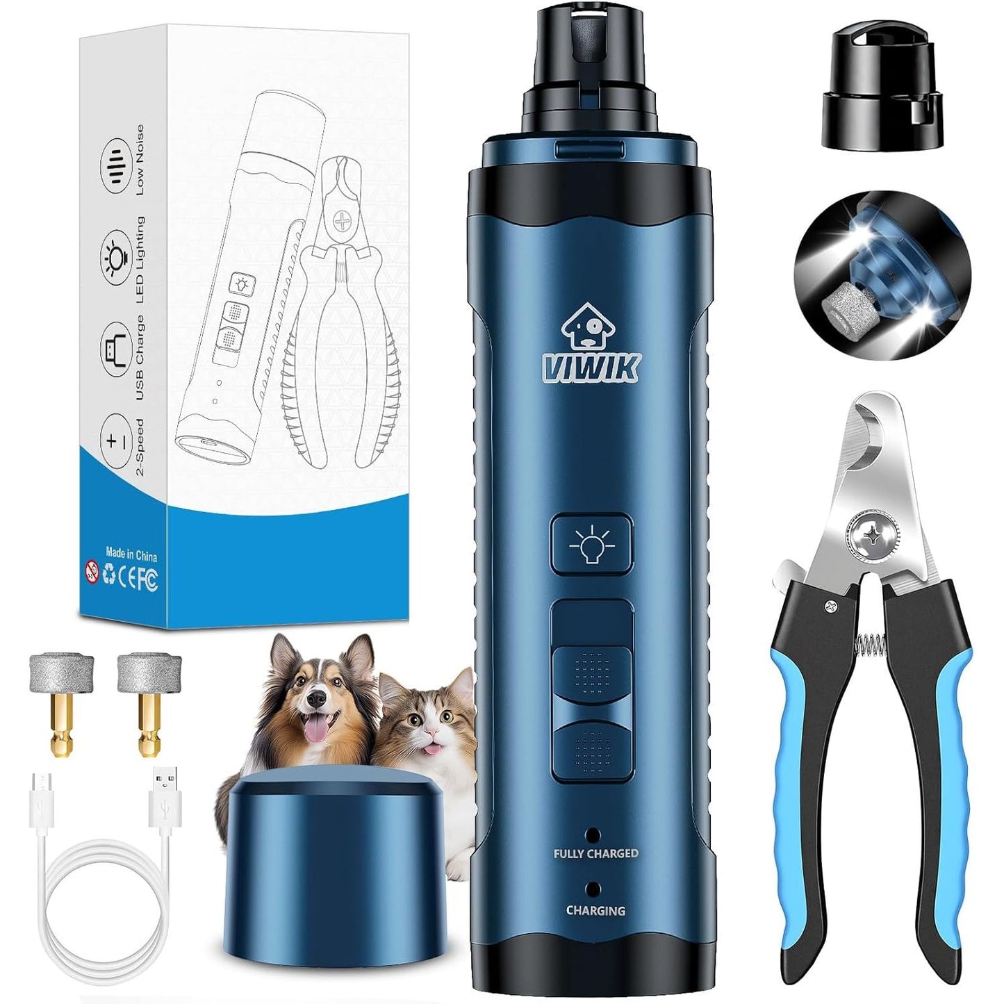  Electric Pet Nail Trimmers with LED Light - Dual-Speed, Quiet Clippers for Dogs and Cats of All Sizes