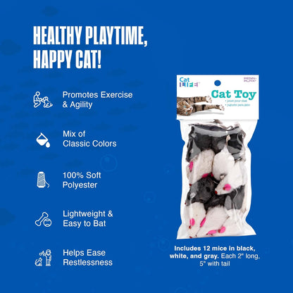 Fur Mice Cat Toys, 12 Pack - Soft Polyester with Rattling Sound for Interactive Play, Exercise & Hunting - Lightweight Cat Toy Set for All Ages & Breeds - Black, White & Gray - 2 Inches
