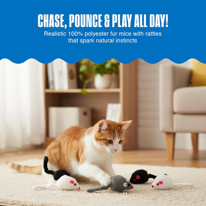 Fur Mice Cat Toys, 12 Pack - Soft Polyester with Rattling Sound for Interactive Play, Exercise & Hunting - Lightweight Cat Toy Set for All Ages & Breeds - Black, White & Gray - 2 Inches