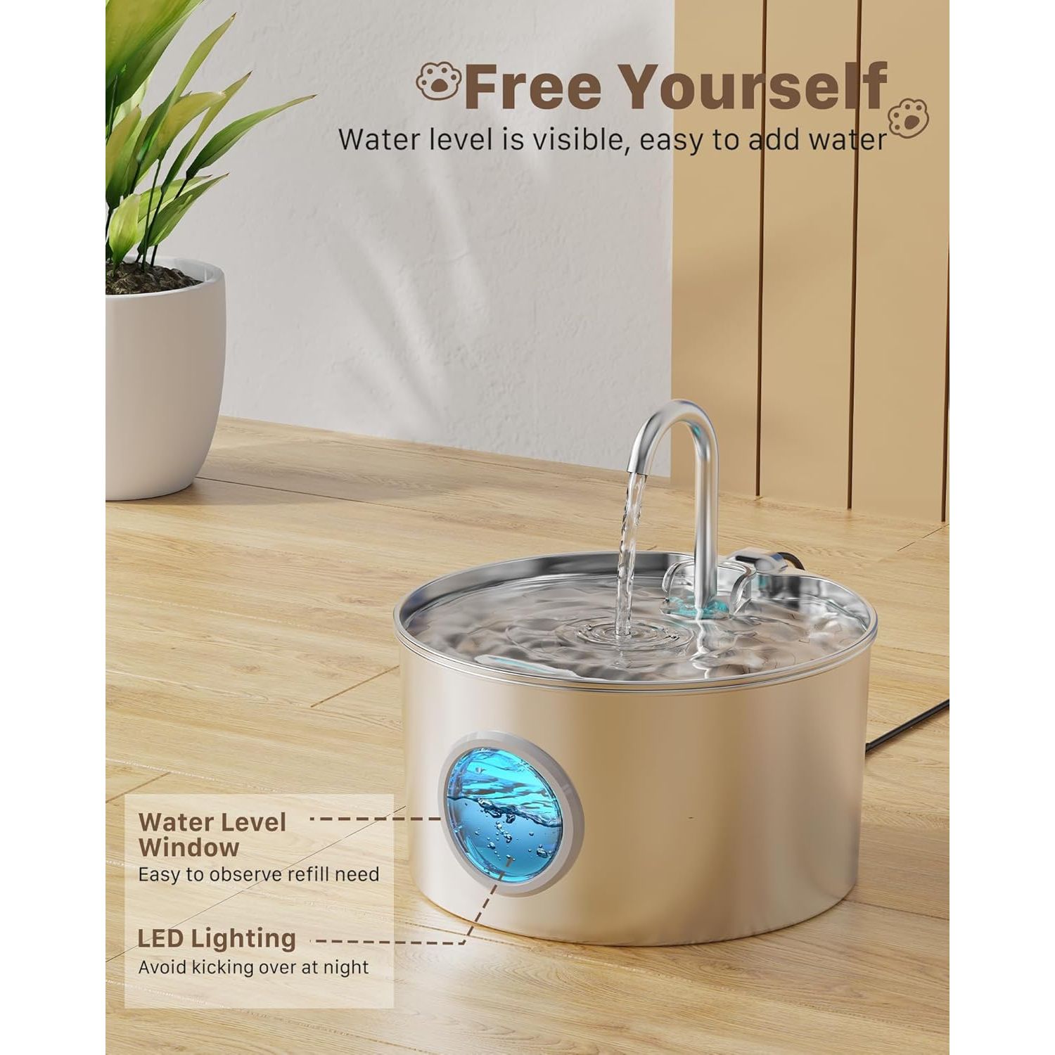 Stainless Steel Cat Water Fountain - 74Oz/2.2L Quiet Drinking Dispenser for Cats and Small Animals