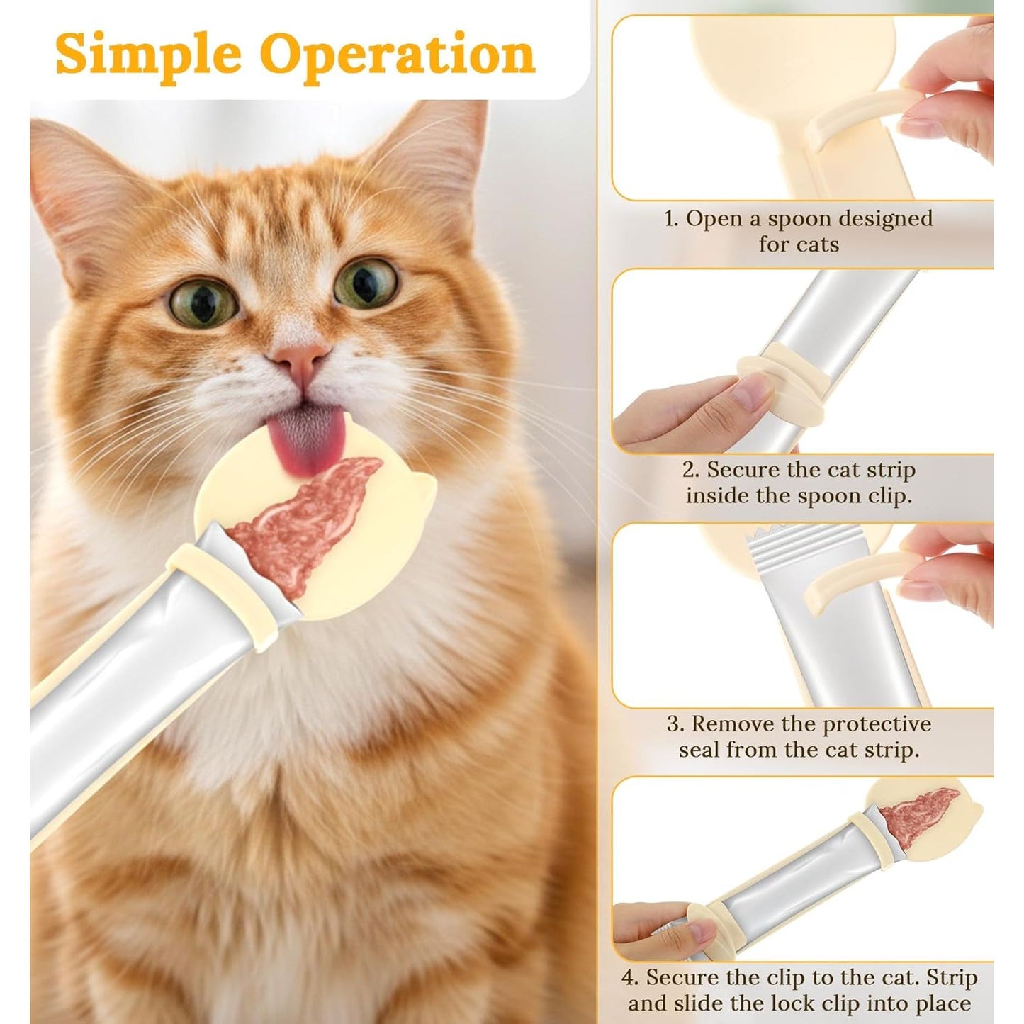 Multifunctional 3-Piece Cat Treat Spoon Set for Clean Feeding of Wet Food and Licky Treats - Beige, Green, Orange